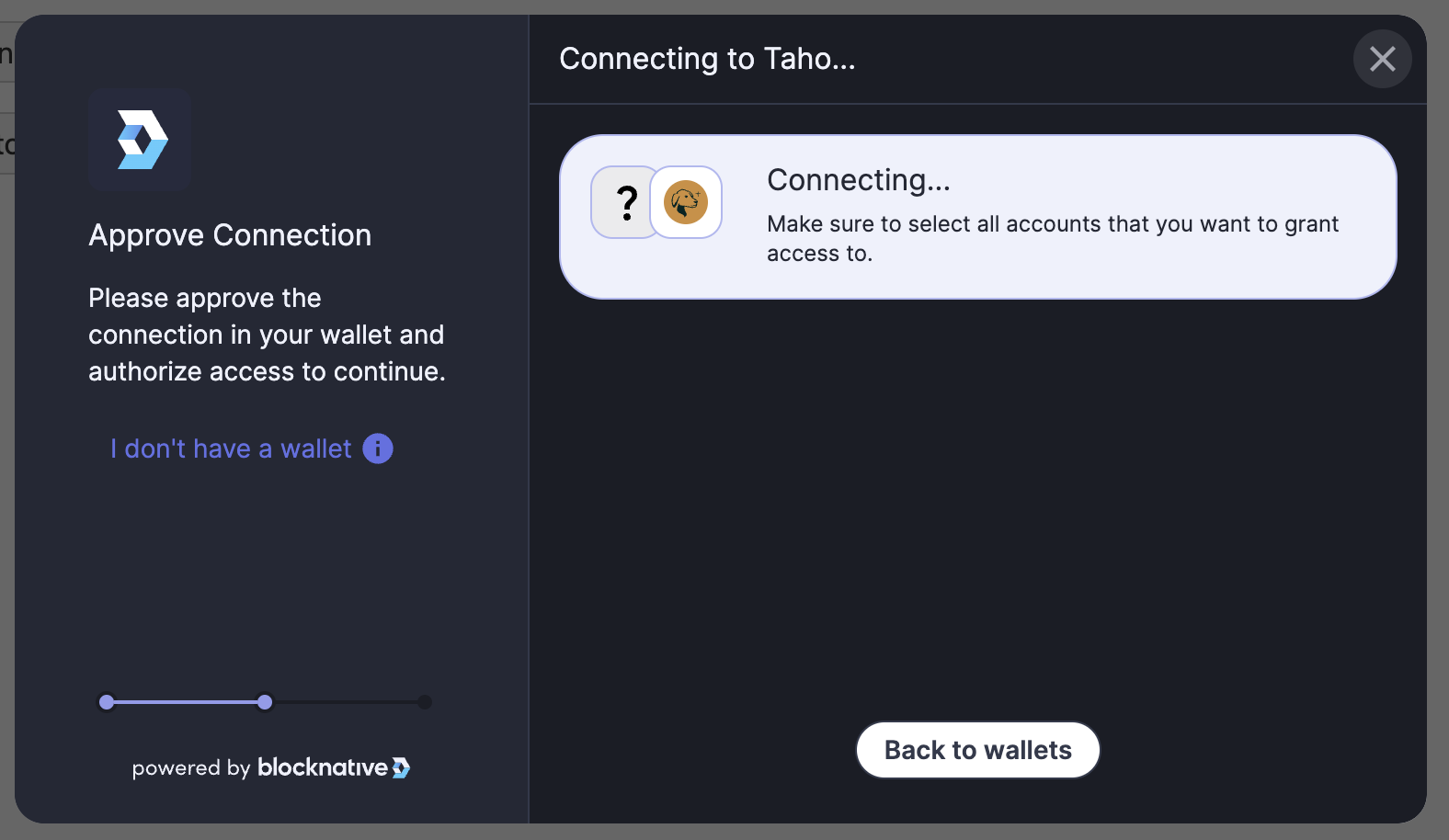 Web3-Onboard connect wallet modal with default message